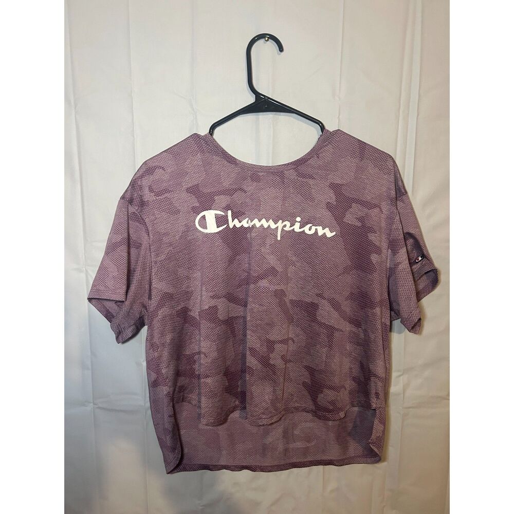 Champion Purple Camo Crop Top Short Sleeve Athletic Workout Shirt Women's Large